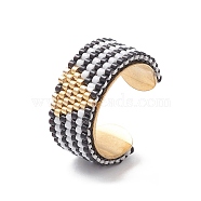 Glass Seed Beaded Heart Open Cuff Rings, Golden Stainless Steel Jewelry, Black, Inner Diameter: 18mm(RJEW-MZ00009)