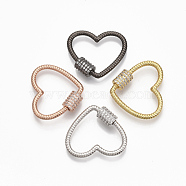 Brass Micro Pave Clear Cubic Zirconia Screw Carabiner Lock Charms, for Necklaces Making,  Heart, Mixed Color, 20.5x24x2mm, Screw: 7x5.5mm(ZIRC-T010-11)