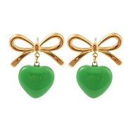 Heart Resin Stud Earrings, Ion Plating(IP) 304 Stainless Steel Earrings for Women, Green, Golden, 21x19mm(EJEW-Z064-04G)