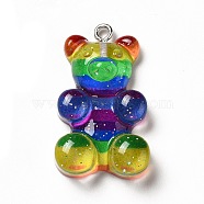 Rainbow Color Translucent Resin Pendants, Glitter Bear Charms, with Platinum Tone Iron Loops, Colorful, 32x19x8.5mm, Hole: 2mm(X1-CRES-K010-01A)