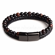 Natural Tiger Eye Beaded Bracelets, Imitation Leather Cord Bracelets for Women Men, with Alloy Clasps, Round, 8-1/4 inch(21cm)(PW24070691972)