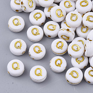 Plating Acrylic Beads, Golden Metal Enlaced, Horizontal Hole, Flat Round with Alphabet, White, Letter.Q, 7x3.5mm, Hole: 1.2mm, about 360pcs/50g(X-PACR-R242-01Q)