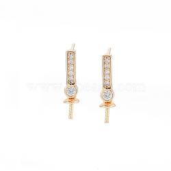 Brass Micro Pave Clear Cubic Zirconia Stud Earring Findings, for Half Drilled Beads, Nickel Free, Rectangle, Real 18K Gold Plated, 15.5x3.5mm, Pin: 0.6mm, pin: 0.8mm(for half drilled beads)(KK-S364-049)