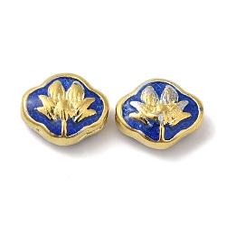 Rack Plating Brass Beads, with Enamel, Cadmium Free & Lead Free, Flower, Real 18K Gold Plated, Long-Lasting Plated, Medium Blue, 10x12x5.5mm, Hole: 1mm(KK-P276-34G)