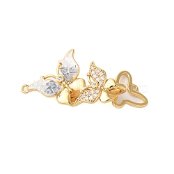 Brass Micro Pave Clear Cubic Zirconia Fold Over Clasps, with Glass & Enamel, Butterfly, Real 18K Gold Plated, 40mm, Hole: 1.2mm(KK-S382-06G)