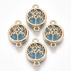 Glass Links connectors, with Light Gold Plated Alloy Findings, Flat Round with Tree, Light Sky Blue, 19.5x13.5x5.5mm, Hole: 1.6mm(X-GLAA-T015-04D)