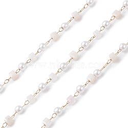 Cube & Round Glass & ABS Imitation Pearl Beaded Chains, Unwelded, with 304 Stainless Steel Link Chains, Golden, Antique White, 2.5~3x2.5~3x2.5mm(CHS-P016-43G-07)