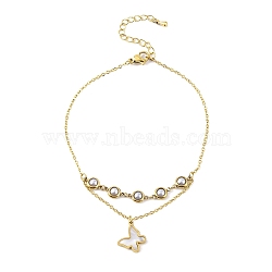 Ion Plating(IP) 304 Stainless Steel & Synthetic Shell Ring Bracelets, Cabel Chain Bracelets with Rings, Golden, Butterfly, 6-3/4 inch(17cm)(BJEW-H606-13A-G)