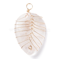 Natural Quartz Crysta Pendants, with Light Gold Tone Copper Wire Wrapped, Water Drop, 42~43x25~26x12mm, Hole: 4mm(PALLOY-JF01293-01)