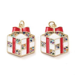 Christmas Theme Rack Plating Brass Pendants, Micro Pave Colorful Grade AAA Cubic Zirconia, with Enamel and Jump Ring, Long-Lasting Plated, Cadmium Free & Lead Free, Gift, 19x15x3.5mm, Hole: 2mm(KK-M280-11A-G)