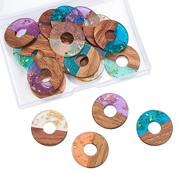 Transparent Resin & Walnut Wood Pendants, with Foil, Waxed, Donut/Pi Disc, Mixed Color, 28x4mm, Hole: 2mm, 20pcs/box