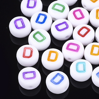 Initial Acrylic Beads, Horizontal Hole, Flat Round, Mixed Color, Letter.D, 7x3.5~4mm, Hole: 1.2mm, about 3700pcs/500g