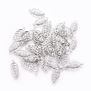 304 Stainless Steel Charms, Leaf, Stainless Steel Color, 13x5.5x0.3mm, Hole: 0.8mm