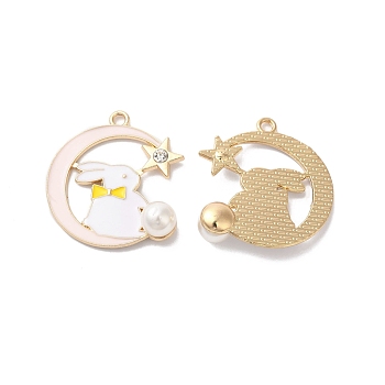 Alloy Enamel Pendants, with ABS Imitation Imitation Pearls and Rhinestone, Golden, Moon with Rabbit, Pink, 33.5x30.5x9mm, Hole: 2.5mm