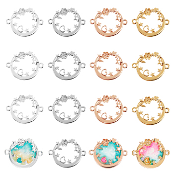 Olycraft Alloy Kitten Open Back Bezel Links, for DIY UV Resin, Epoxy Resin, Pressed Flower Jewelry, Cadmium Free & Lead Free, Flat Round with Heart & Star, Mixed Color, 25x32.5x1.5mm, Hole: 2.5mm, 4 colors, 6pcs/color, 24pcs/box