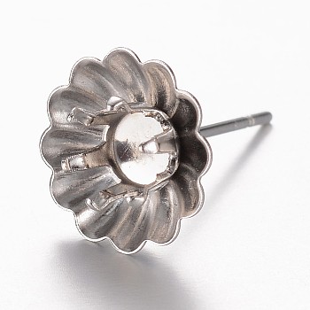 201 Stainless Steel Stud Earring Settings, with 304 Stainless Steel Pins, Flower, Stainless Steel Color, Tray: 4mm, 10x1mm, Pin: 0.7mm