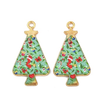 Christmas Theme Rack Plating Alloy Pendants, with Enamel, Golden, Christmas Trees Charm, Lime Green, 31x17x1.5mm, Hole: 1.8mm