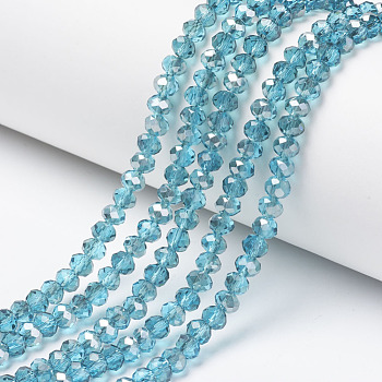 Electroplate Transparent Glass Beads Strands, Half Gray Plated, Faceted, Rondelle, Cyan, 6x5mm, Hole: 1mm, about 85~88pcs/strand, 16.1~16.5 inch(41~42cm)