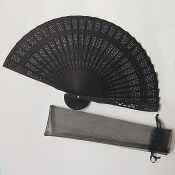 Wooden Folding Fan, Vintage Wooden Fan, with Organza Bag, for Party Wedding Dancing Decoration, Black, 200mm, Open Diameter: 330mm