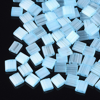 2-Hole Glass Seed Beads, Imitation Cat Eye, Rectangle, Light Sky Blue, 5x4.5~5.5x2~2.5mm, Hole: 0.5~0.8mm