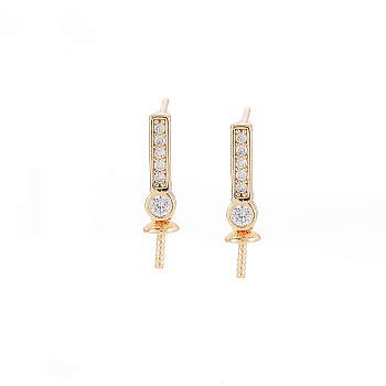 Brass Micro Pave Clear Cubic Zirconia Stud Earring Findings, for Half Drilled Beads, Nickel Free, Rectangle, Real 18K Gold Plated, 15.5x3.5mm, Pin: 0.6mm, pin: 0.8mm(for half drilled beads)
