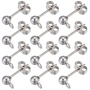 40Pcs 304 Stainless Steel Ball Post Stud Earring Findings, with Horizontal Loop and 316 Surgical Stainless Steel Pin, with 40Pcs 201 Stainless Steel Ear Nuts, Stainless Steel Color, 15x7x4mm, Hole: 1.8mm, Pin: 0.7mm