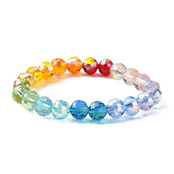 Rainbow Color Faceted Round Glass Stretch Bracelets for Women, Colorful, Inner Diameter: 1-3/4 inch(4.5cm)