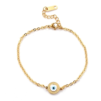 304 Stainless Steel Evil Eye Link Bracelets, with Enamel and Lobster Claw Clasps, White, Golden, 7-1/8 inch(18cm)