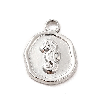 304 Stainless Steel Pendants, Flat Round with Sea Horse, Stainless Steel Color, 16x13x2mm, Hole: 2mm