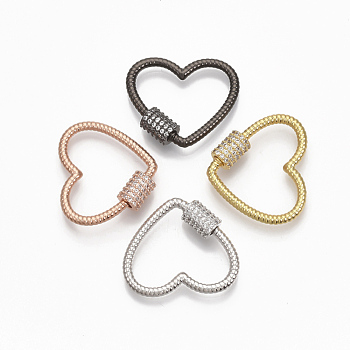 Brass Micro Pave Clear Cubic Zirconia Screw Carabiner Lock Charms, for Necklaces Making,  Heart, Mixed Color, 20.5x24x2mm, Screw: 7x5.5mm