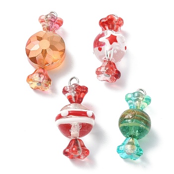 4Pcs 4 Style Glass & Lampwork Pendants, with 304 Stainless Steel Findings, Candy Charms, Mixed Color, 25~30x11~14mm, 1Pc/style