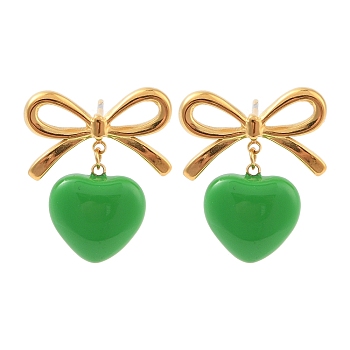 Heart Resin Stud Earrings, Ion Plating(IP) 304 Stainless Steel Earrings for Women, Green, Golden, 21x19mm