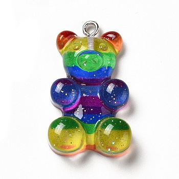 Rainbow Color Translucent Resin Pendants, Glitter Bear Charms, with Platinum Tone Iron Loops, Colorful, 32x19x8.5mm, Hole: 2mm