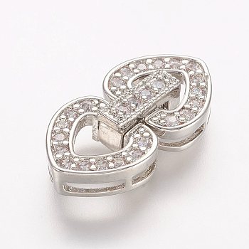 Brass Micro Pave Cubic Zirconia Fold Over Clasps, Heart, Platinum, 23x10x3.5mm, Hole: 1mm