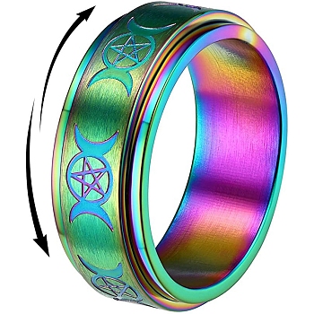 Triple Moon Goddess Stainless Steel Rotating Finger Ring, Fidget Spinner Ring for Calming Worry Meditation, Rainbow Color, US Size 12(21.4mm)