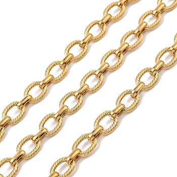 304 Stainless Steel Textured Oval Link Chains, Ion Plating(IP), Unwelded, with Spool, Real 18K Gold Plated, Link: 9x6.7x1.6mm and 6.5x4x1.8mm, about 16.40 Feet(5m)/Roll