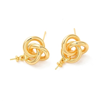 Brass Stud Earrings Findings, Knot, for Half Drilled Beads, Real 18K Gold Plated, 19x13mm, Pin: 0.5mm and 11x0.8mm
