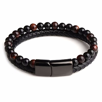 Natural Tiger Eye Beaded Bracelets, Imitation Leather Cord Bracelets for Women Men, with Alloy Clasps, Round, 8-1/4 inch(21cm)