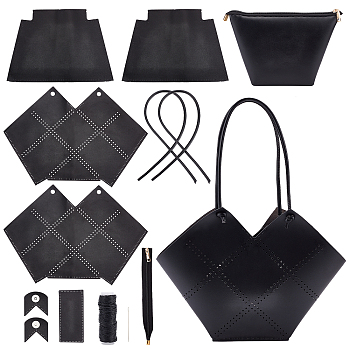 DIY PU Leather Knitting Crochet Tote Bags, with PU Leather Bag Bottom & Cover, Strap and Wax Cords, Black, 29x42x0.15cm