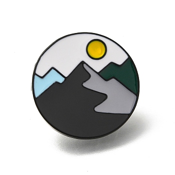 Mountain Scenery Series Enamel Pins, Round Black Alloy Brooch, Mountain, 25.5mm