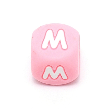 Silicone Alphabet Beads for Bracelet or Necklace Making, Letter Style, Pink Cube, Letter.M, 12x12x12mm, Hole: 3mm