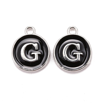 Platinum Plated Alloy Charms, Cadmium Free & Lead Free, with Enamel, Enamelled Sequins, Flat Round with Letter, Letter.G, 14x12x2mm, Hole: 1.5mm