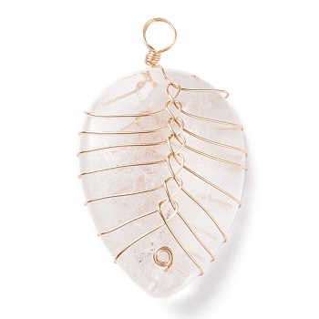 Natural Quartz Crysta Pendants, with Light Gold Tone Copper Wire Wrapped, Water Drop, 42~43x25~26x12mm, Hole: 4mm