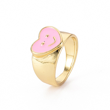Alloy Enamel Wide Band Rings, Cadmium Free & Lead Free, Light Gold, Heart with Smiling Face, Pearl Pink, US Size 6 3/4(17.1mm)
