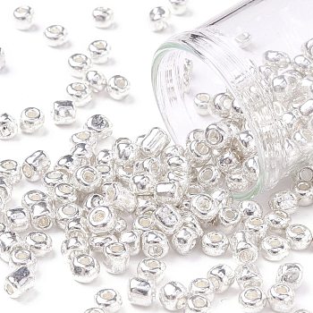 6/0 Glass Seed Beads, Metallic Colours Style, Round, Silver, 6/0, 4mm, Hole: 1.5mm, about 1000pcs/100g