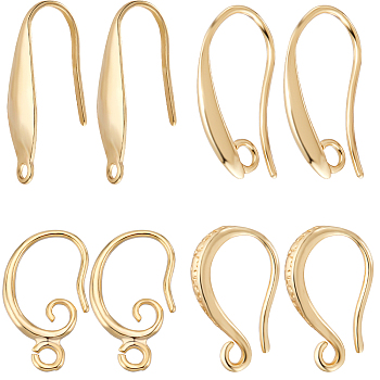 32Pcs 4 Style Brass & 316 Surgical Stainless Steel Earring Hooks, Ear Wire with Loops, Real 18K Gold Plated, 15~20x4.5~10x1~2mm, Hole: 1~2mm, Pin: 0.8~1mm, 8Pcs/style