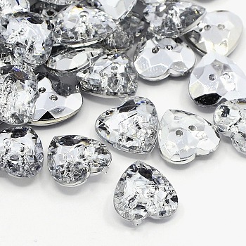 Acrylic Rhinestone Buttons, 2-Hole, Faceted, Heart, Crystal, 13x13x4mm, Hole: 1mm