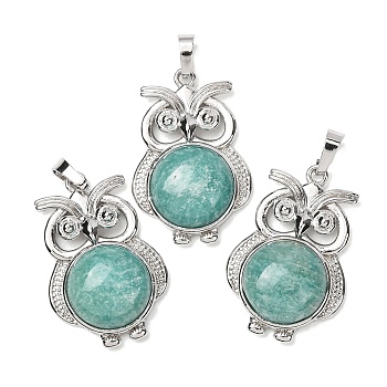 Natural Amazonite Pendants, with Rack Plating Platinum Tone Brass Findings, Owl Charm, 35x24x8mm, Hole: 8x5mm