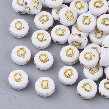 Plating Acrylic Beads, Golden Metal Enlaced, Horizontal Hole, Flat Round with Alphabet, White, Letter.Q, 7x3.5mm, Hole: 1.2mm, about 360pcs/50g