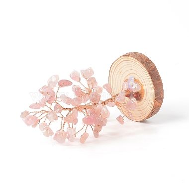 Chips de cuarzo rosa natural con árbol de dinero de alambre envuelto en latón en decoraciones de exhibición de base de madera(DJEW-B007-05G)-2